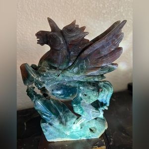 Hand carved moss agate crystal Pegasus unicorn horse sculpture